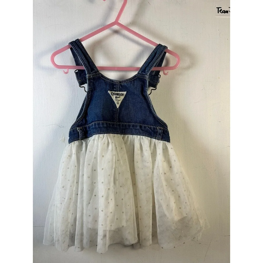 OshKosh B'gosh 24m Baby Girls Denim Tulle Tutu Overall Dress 24M White‎ Gold Dot